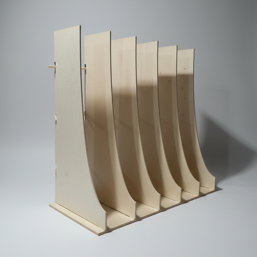Plywood storage rack CNC DXF file – full-height flat-pack design, assembled view