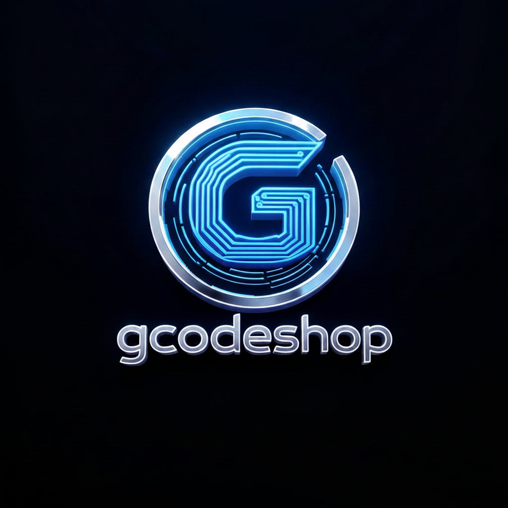 Neon blue logo with 'gcodeshop' text on a black background